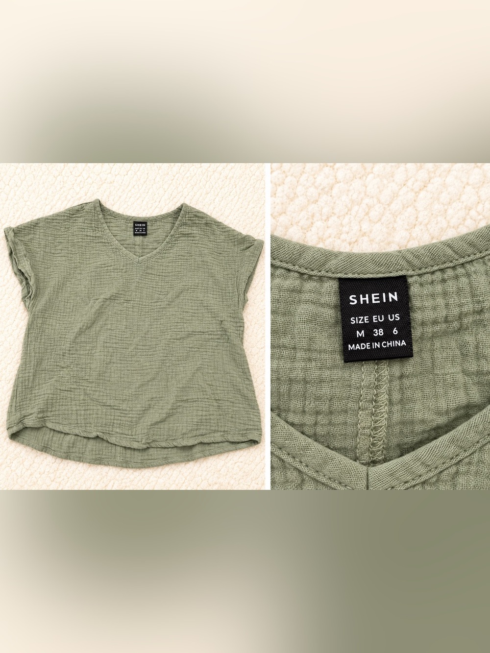 SHEIN Olive Green Crinkle V-Neck Short Sleeve Top